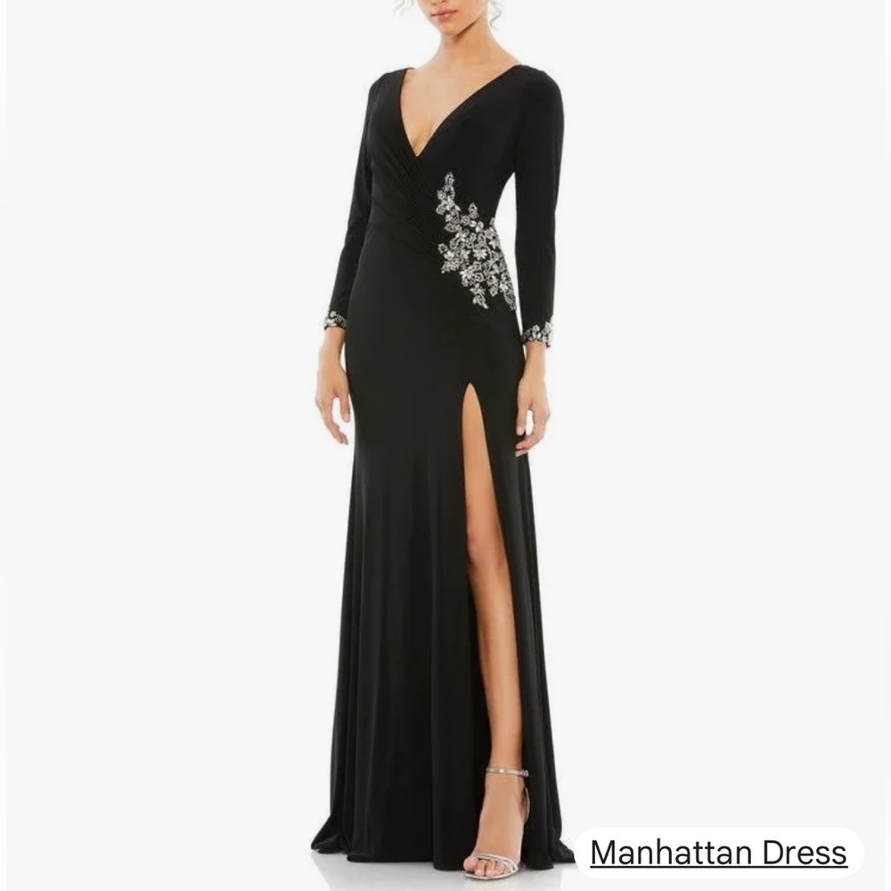 Mac Duggal 41016 Black Plunge Embellished Hi-slit Stretch Maxi Dress - NWT